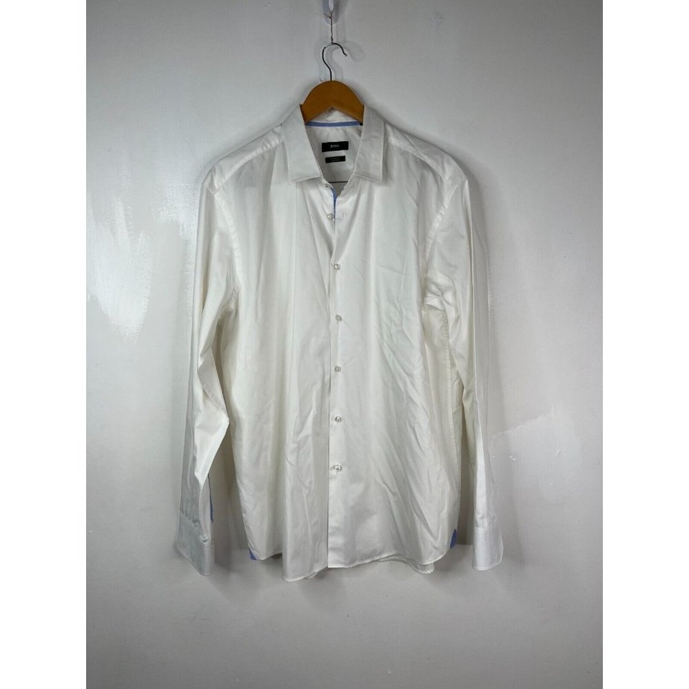 Boss Hugo Boss Shirt Men Sz 46 White Button-Up Long Sleeve Regular Fit Easy Iron